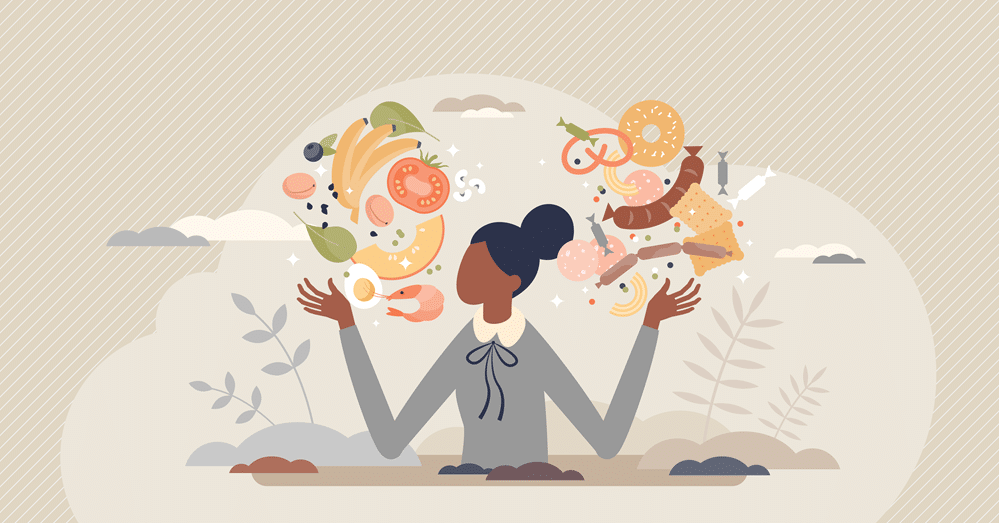Illustration shows a Black woman surrounded by foods