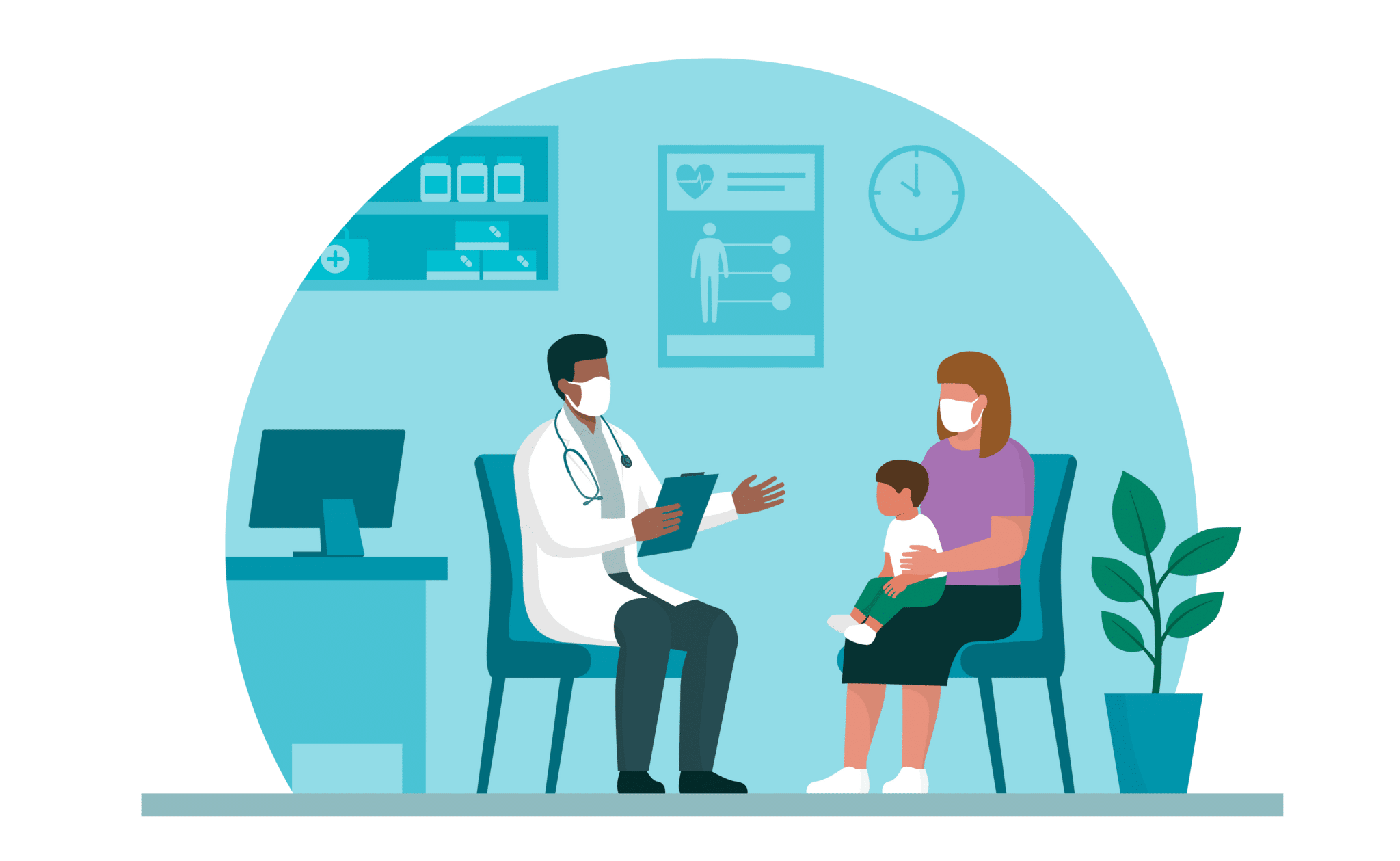 Illustration shows a woman with a child on her lap consulting with a doctor
